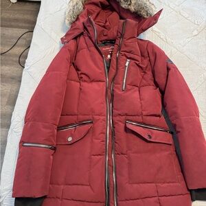 Nautica Women's Burgundy Puffer Coat with Faux Fur Hood